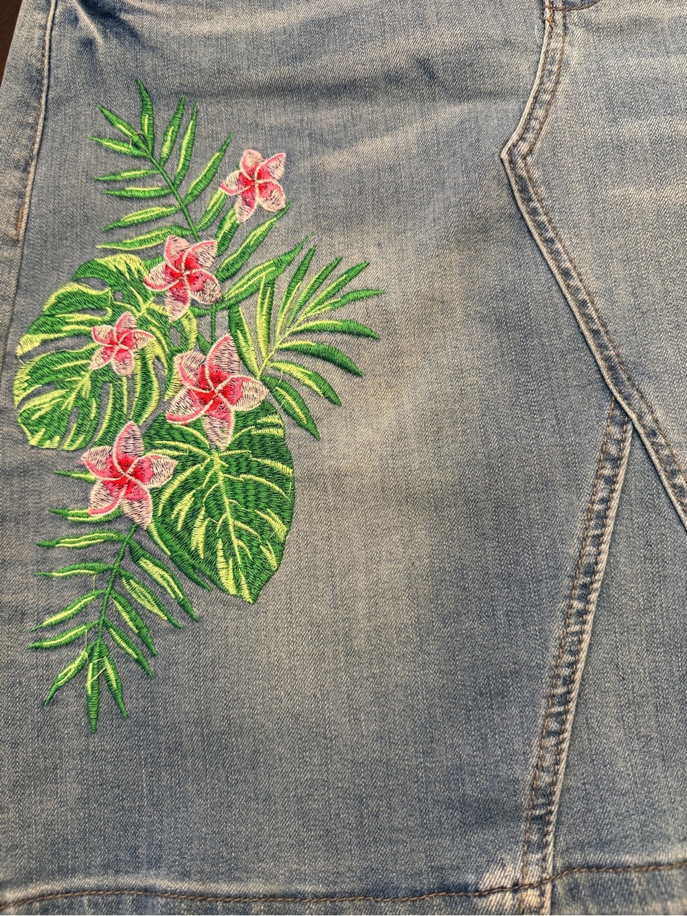 Embroidered Light Wash Denim Skirt with Pink Floral Detail